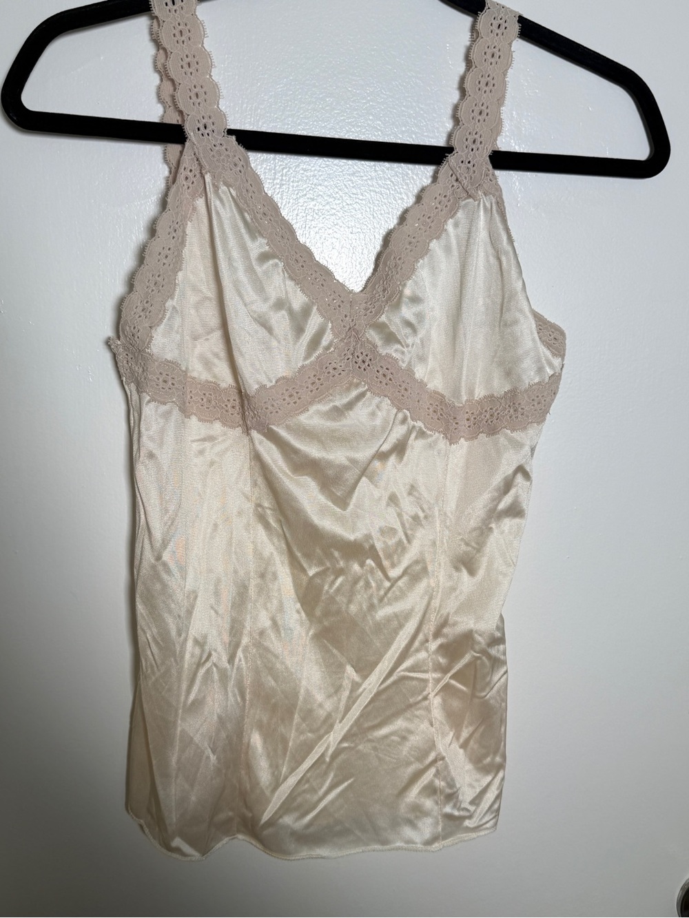 Vintage Silky Lace-Trim Cami Tank - Cream Small Bombshell Hollywood Glamour